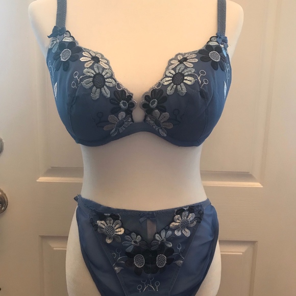 Victoria's Secret Other - Embroidered Blue Flower Bra and Pantie Set